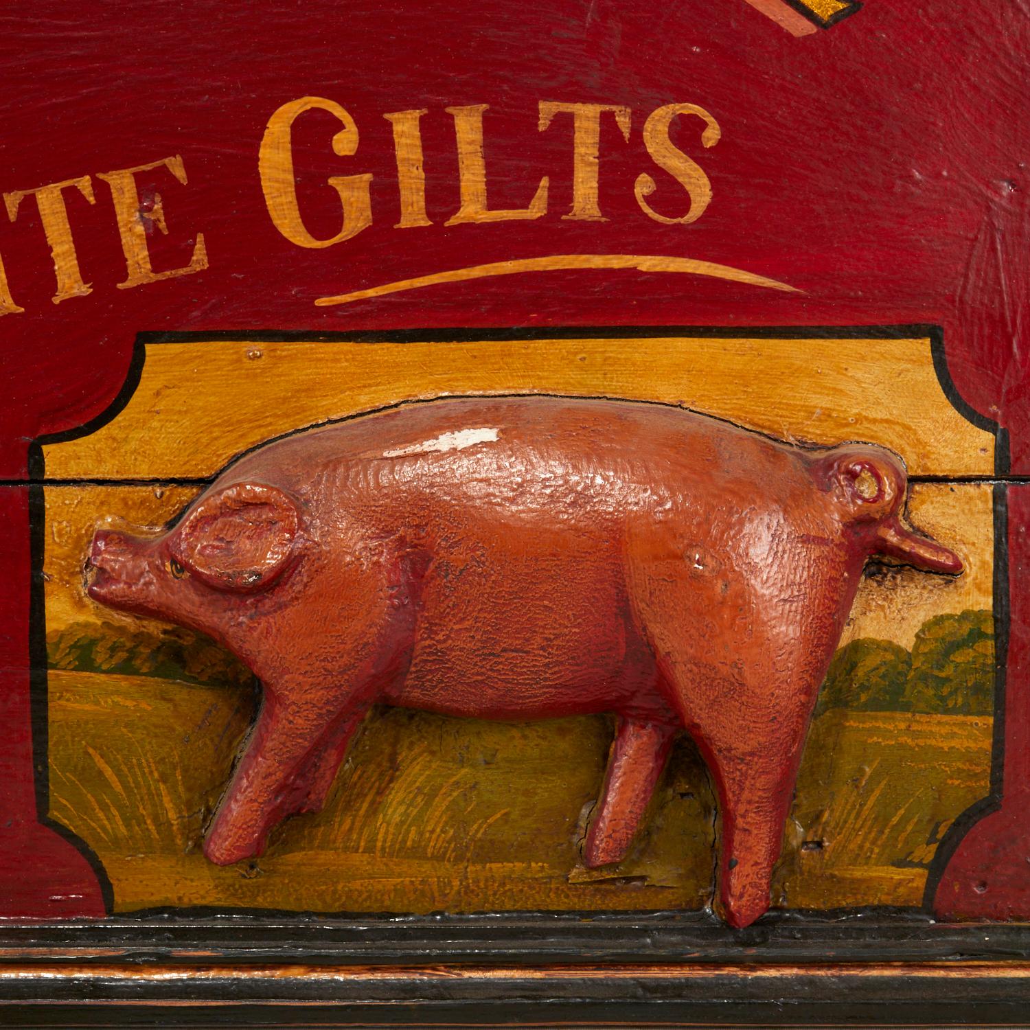 Unknown Vintage 20th C Hand Painted Trade Wood Sign with Plaster Pig