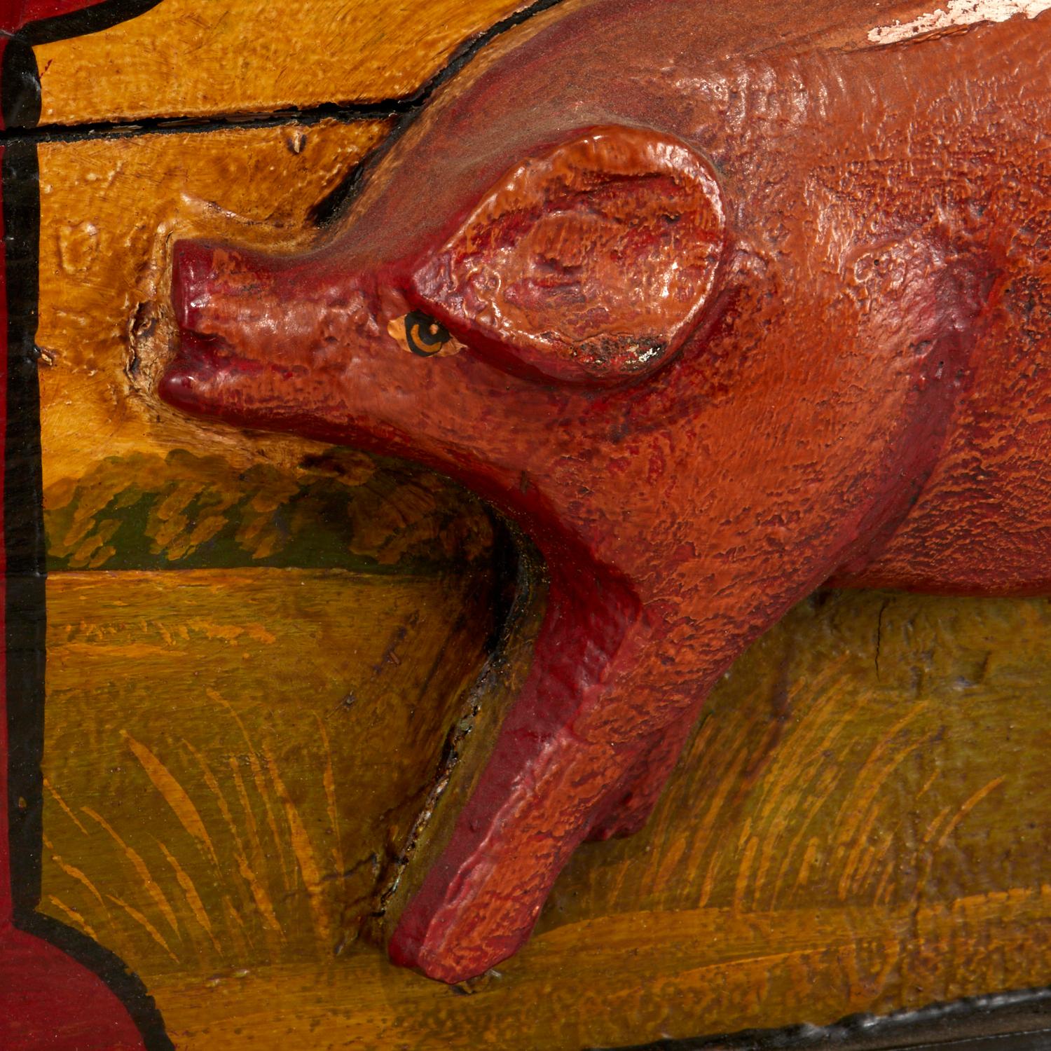 Vintage 20th C Hand Painted Trade Wood Sign with Plaster Pig In Good Condition In Morristown, NJ