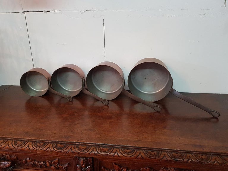 Metal Vintage 20th Century 4-Piece French Copper Pans For Sale