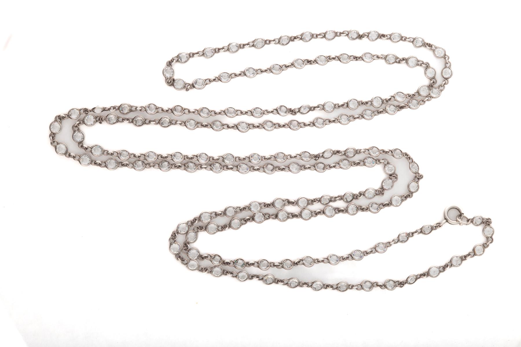 Women's or Men's Vintage 20th Century 62 inch White Topaz Sterling Chain Necklace For Sale