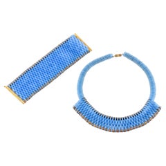 Vintage 20th Century Blue Glass Bead Necklace and Bracelet Set