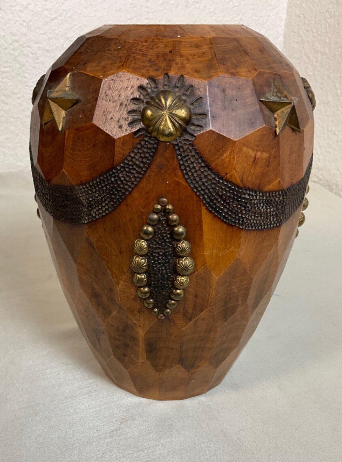 Vintage 20th Century Carved Wood and Brass Vase - 2Y584 For Sale 6
