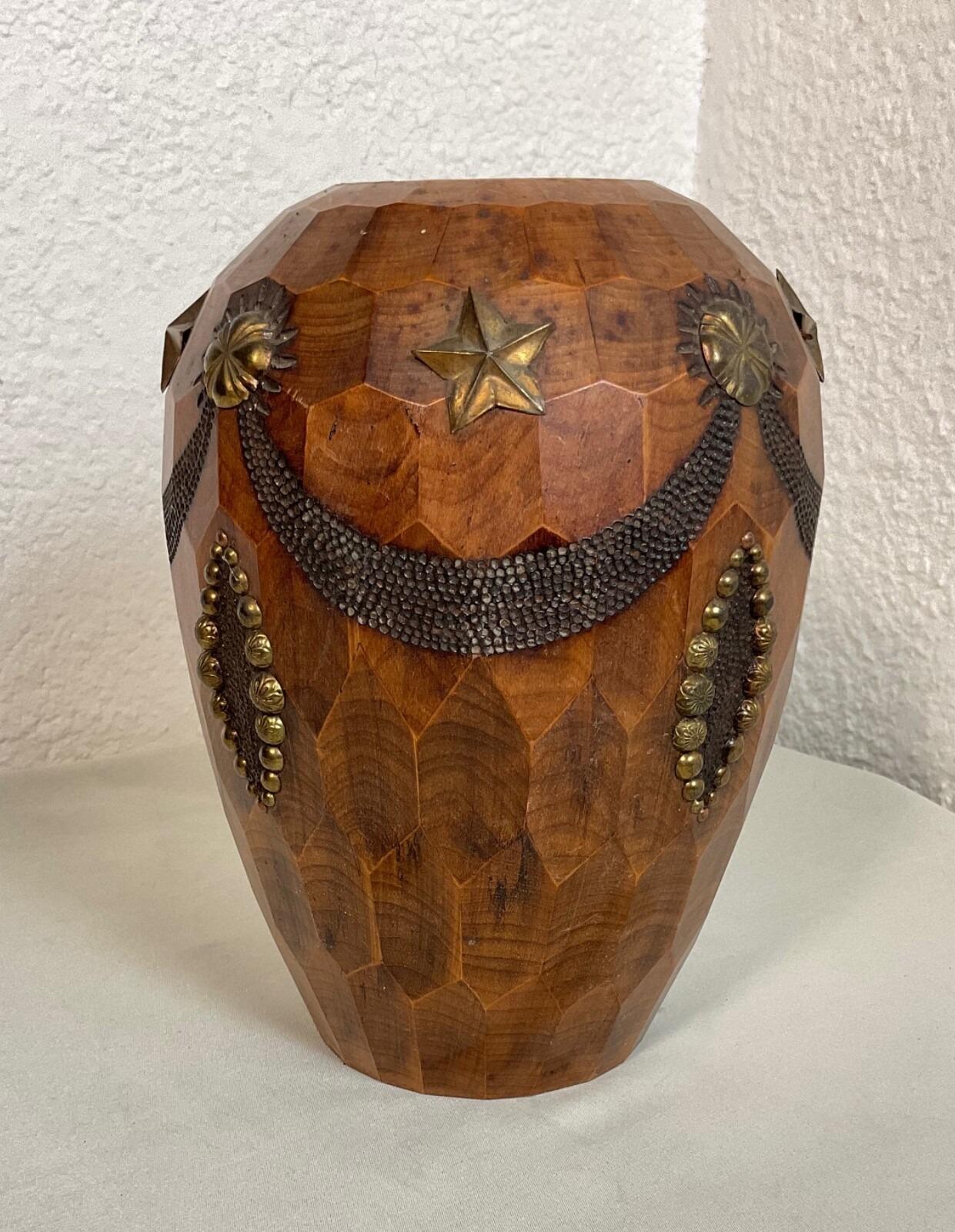 Vintage 20th Century Carved Wood and Brass Vase - 2Y584 For Sale 7