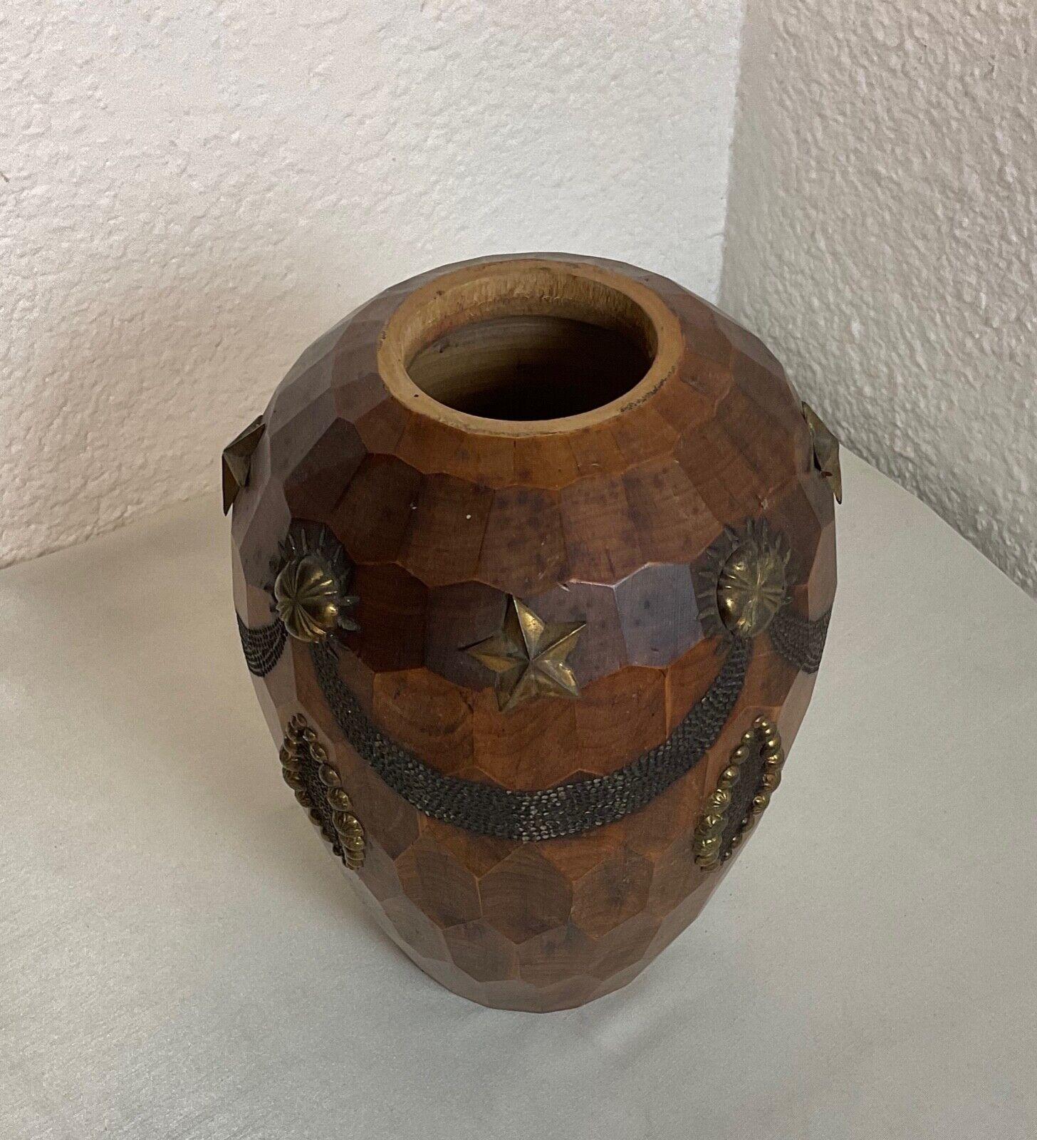 Vintage 20th Century Carved Wood and Brass Vase - 2Y584 For Sale 4