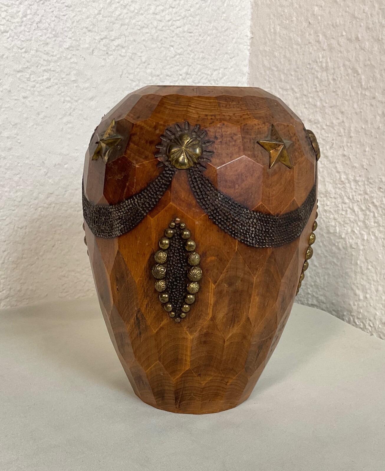 Vintage 20th Century Carved Wood and Brass Vase - 2Y584 For Sale 5