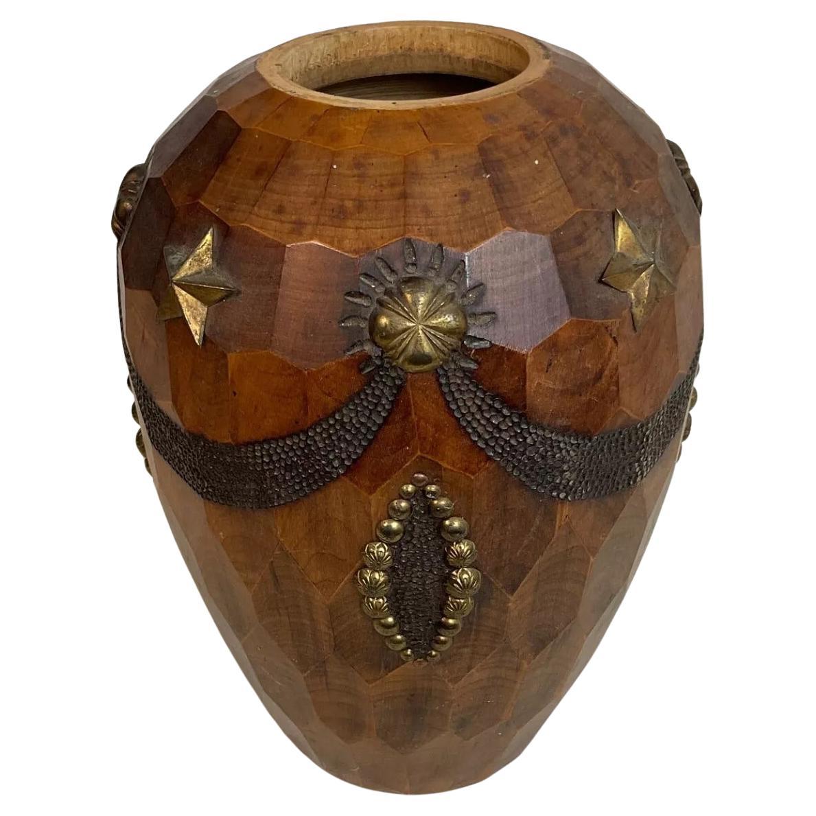 Vintage 20th Century Carved Wood and Brass Vase - 2Y584 For Sale