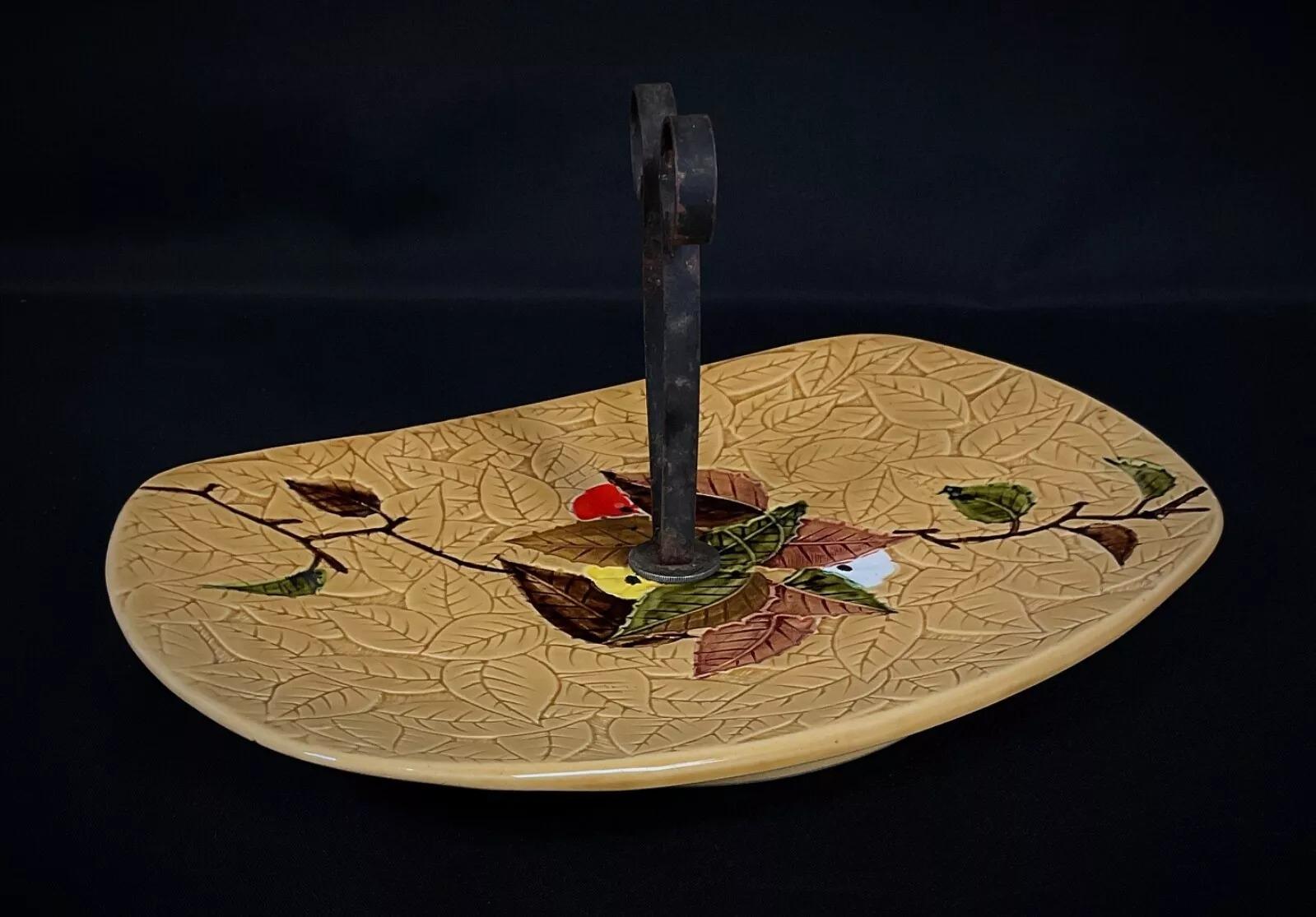 French Vintage 20th-Century Ceramic Cheese Serving Platter with Fruit and Leaf - 2Y344 For Sale