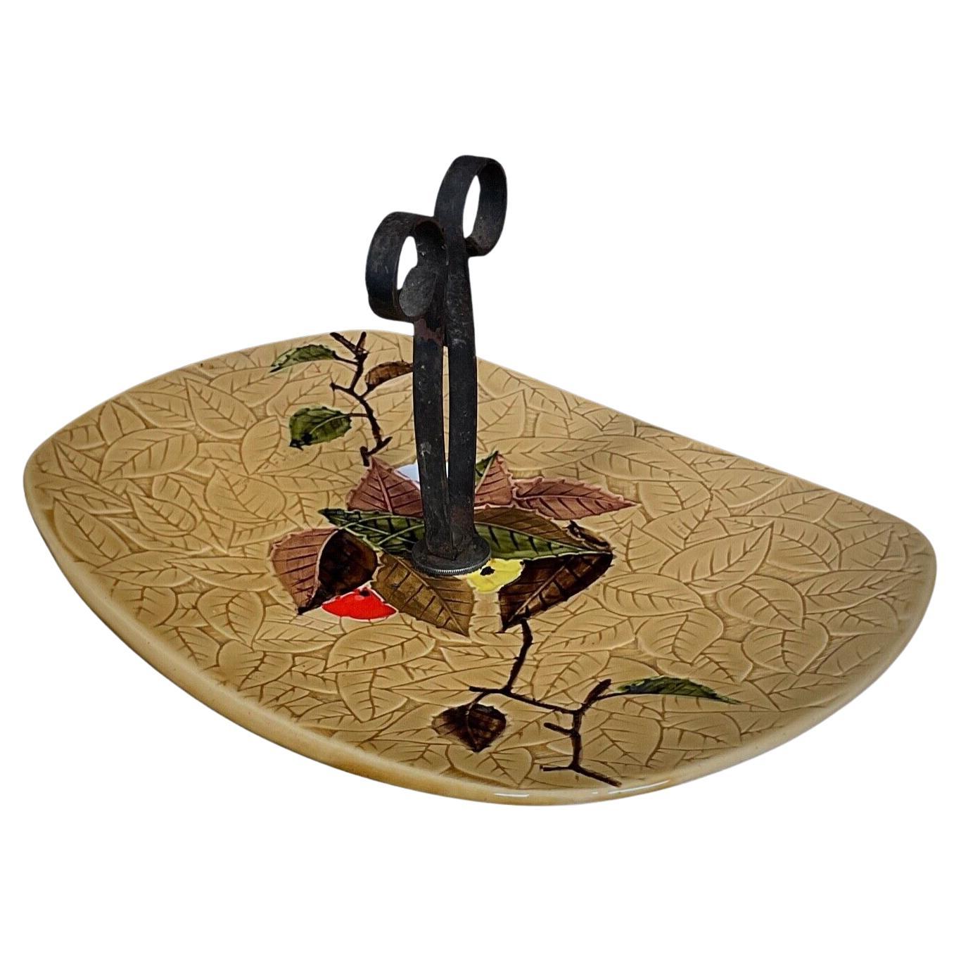 Bandeja de cerámica vintage del siglo XX para servir queso con frutas y hojas - 2Y344