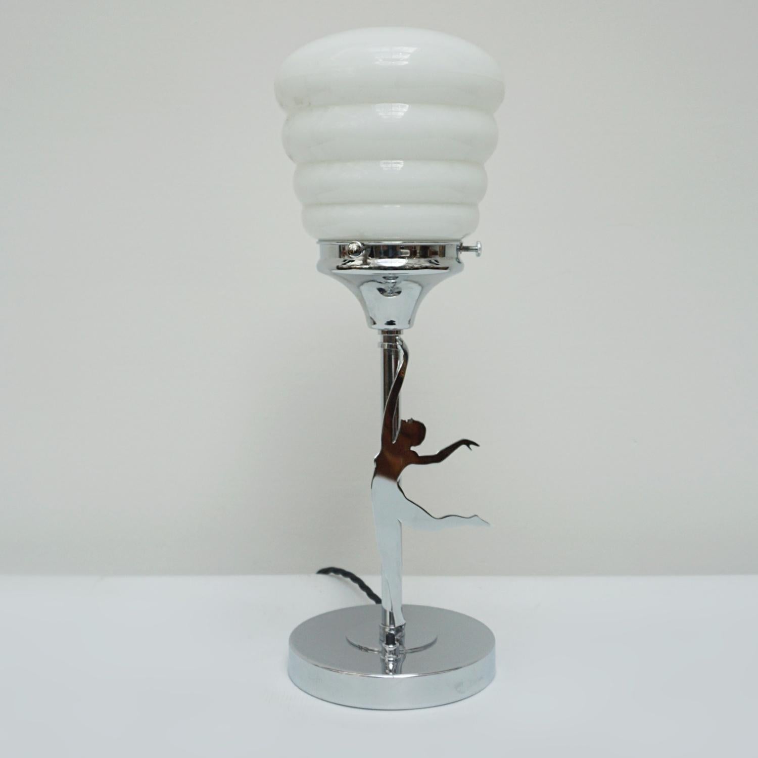 Glass Vintage 20th Century Chromed Metal Table Lamp with Mounted Female Dancer For Sale