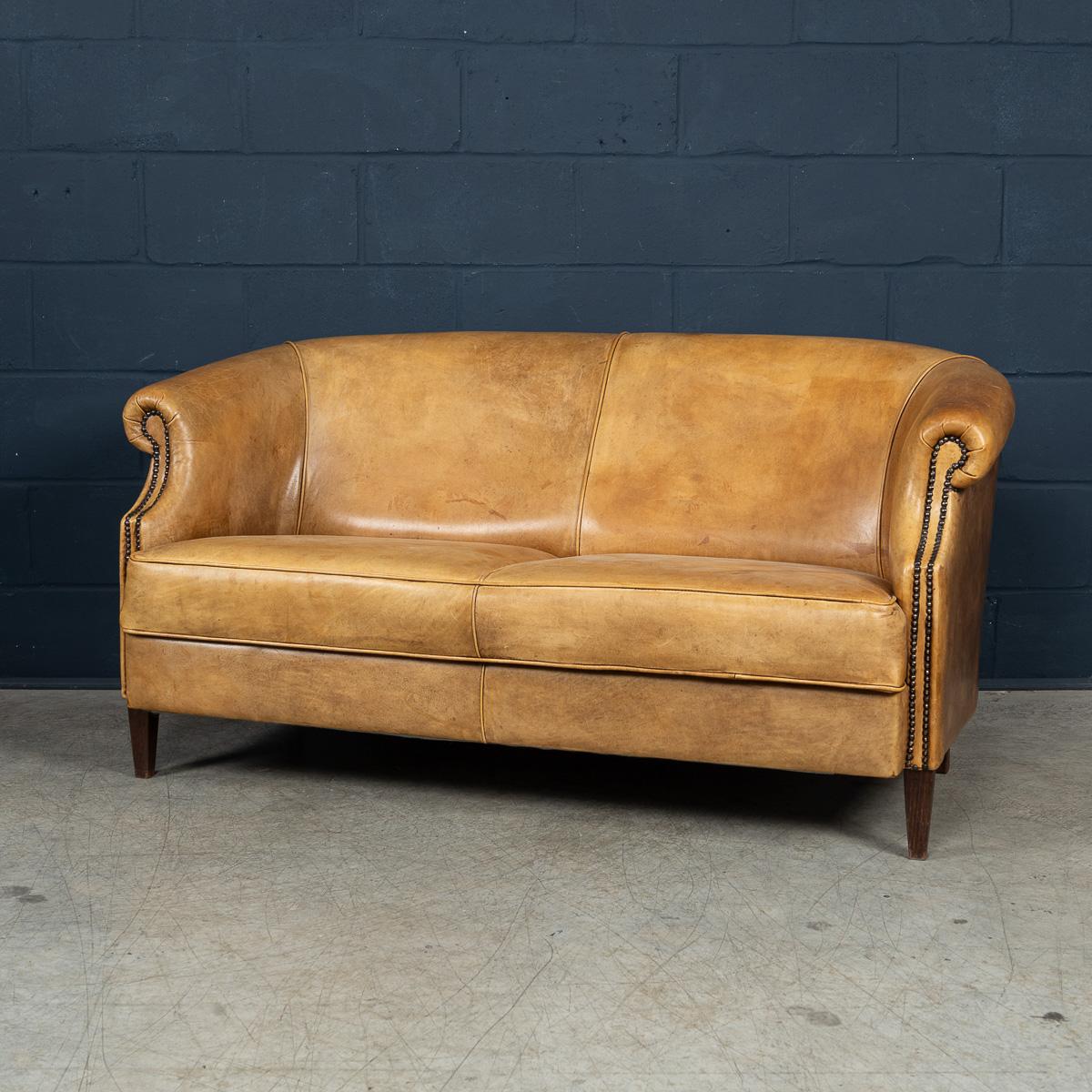 Vintage 20th Century Dutch Sheepskin Leather Sofa For Sale 4