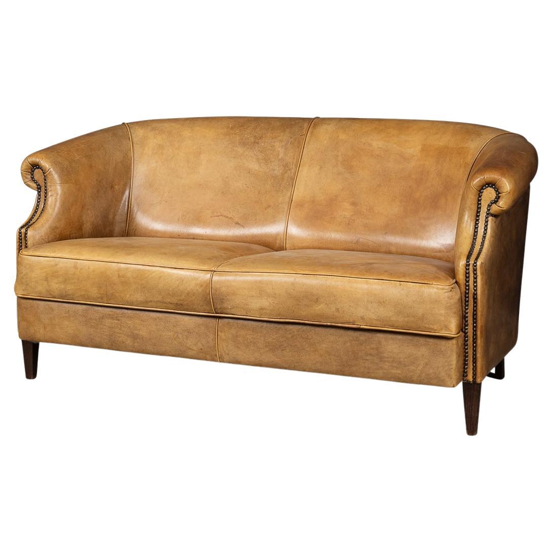 Vintage 20th Century Dutch Sheepskin Leather Sofa For Sale