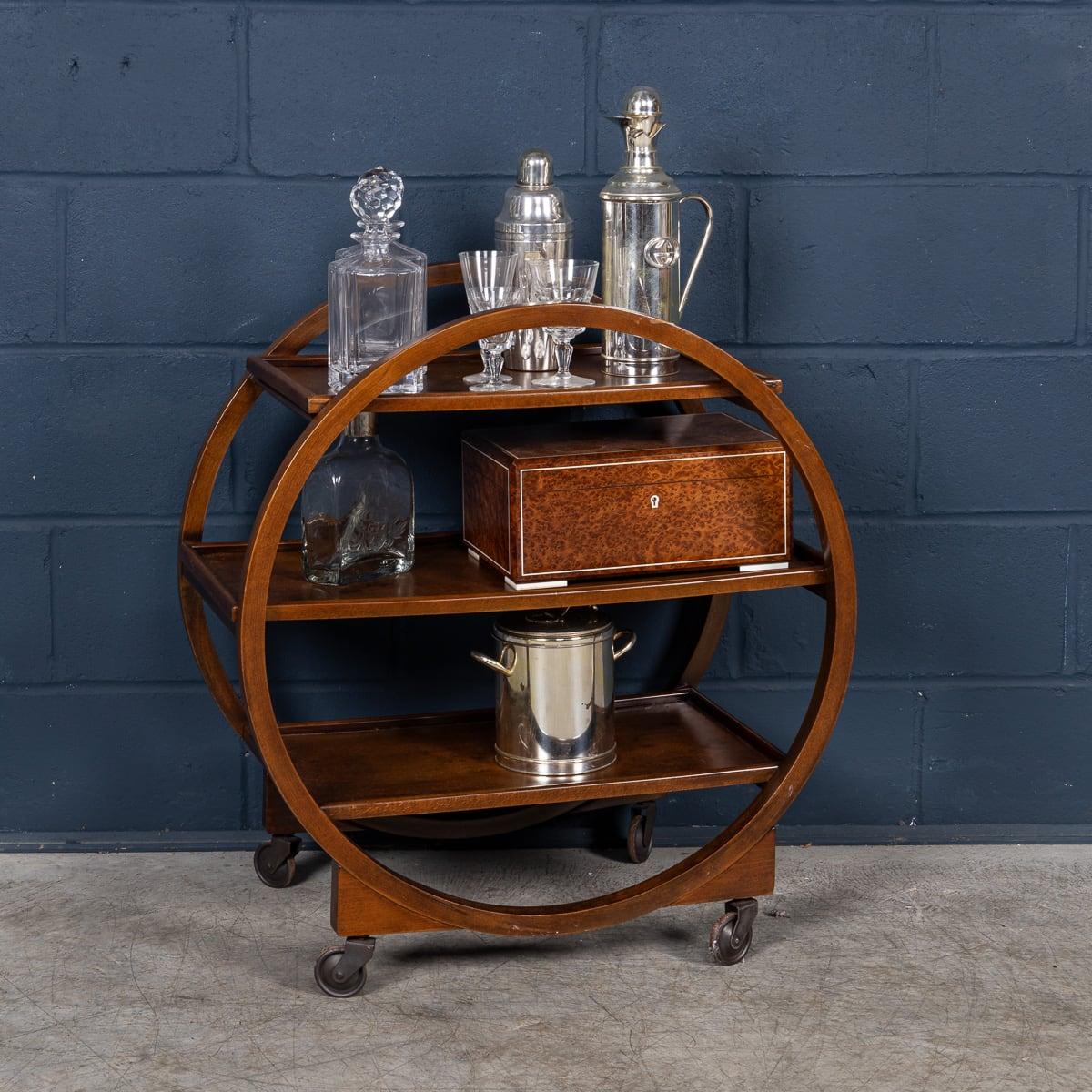 British Vintage 20th Century English Art Deco Three-Tier Walnut Drinks Trolley c.1930