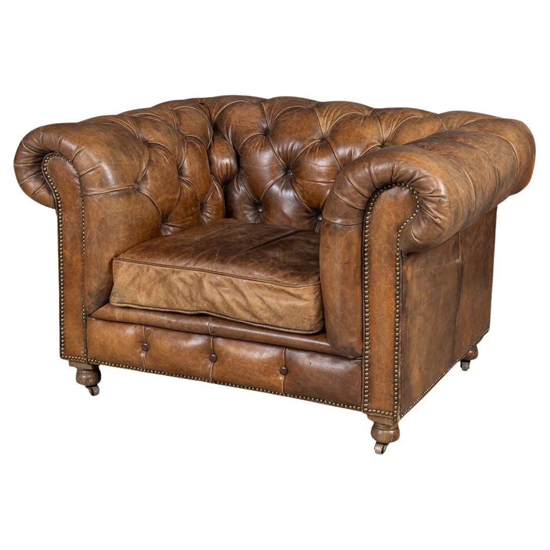 Vintage 20th Century English Brown Leather Chesterfield Armchair By Halo