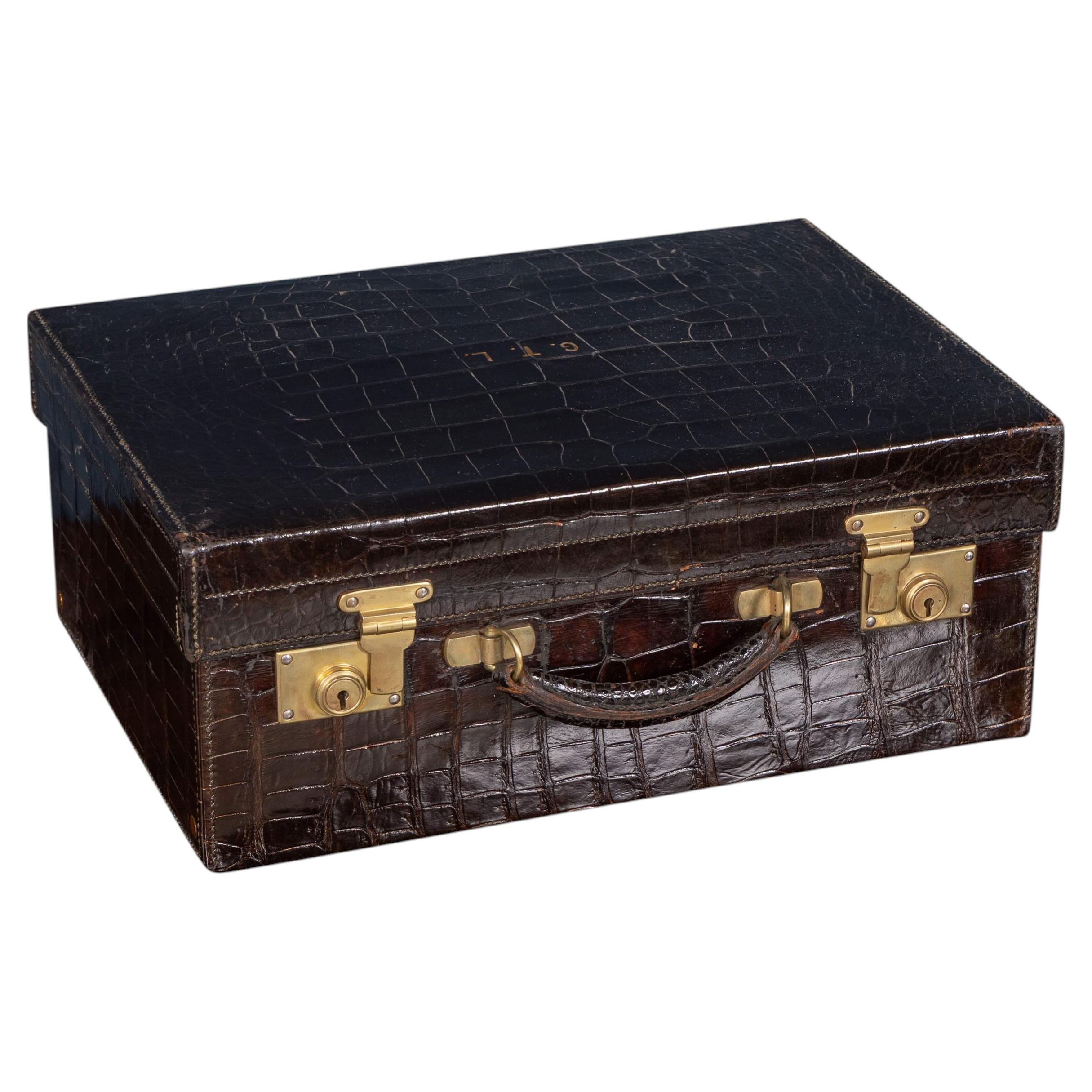 Vintage 20th Century English Made Crocodile Leather & Brass Vanity Case