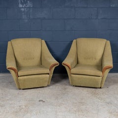 Vintage 20th Century English Pair Of Olive Green Upholstered Armchairs c.1960