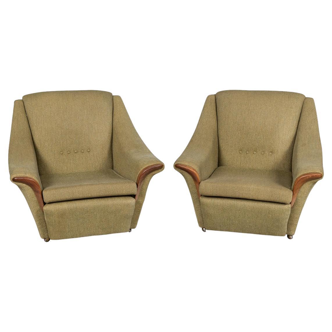 Vintage 20th Century English Pair Of Olive Green Upholstered Armchairs c.1960