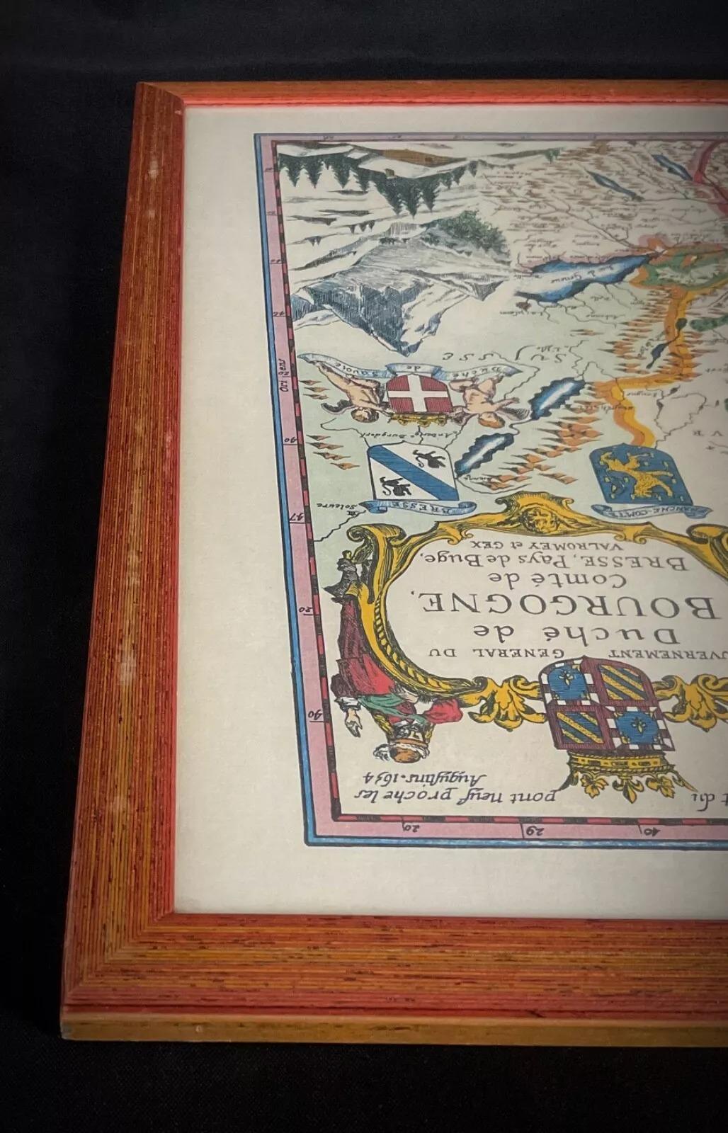 Wood Vintage 20th Century Engraving of a Map of Duchy of Burgundy and County - 2Y442 For Sale