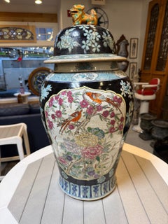 Vintage 20th Century Foo Dog Black Chinoiserie Lidded Temple Urn, Ginger Jar
