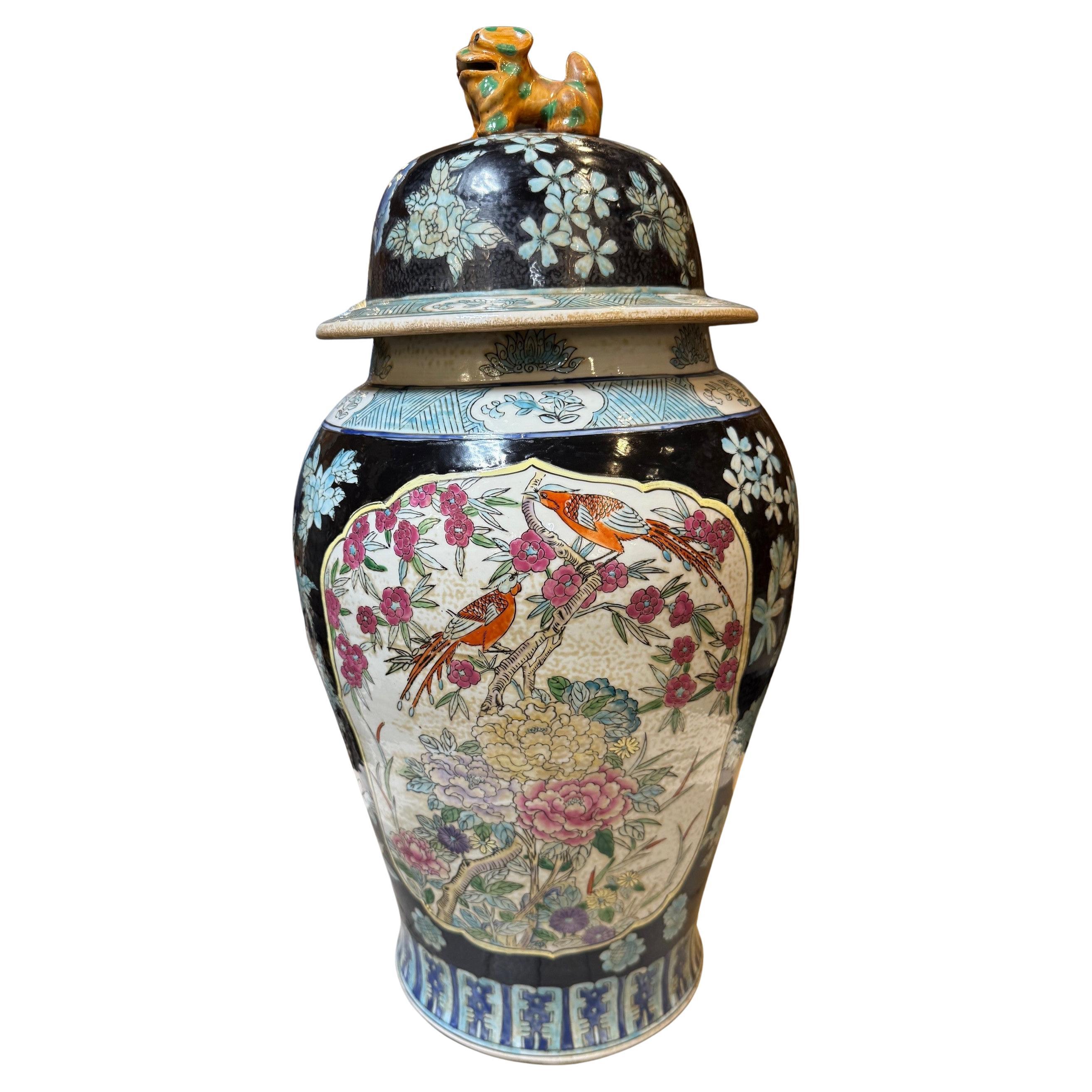 Vintage 20th Century Foo Dog Black Chinoiserie Lidded Temple Urn, Ginger Jar
