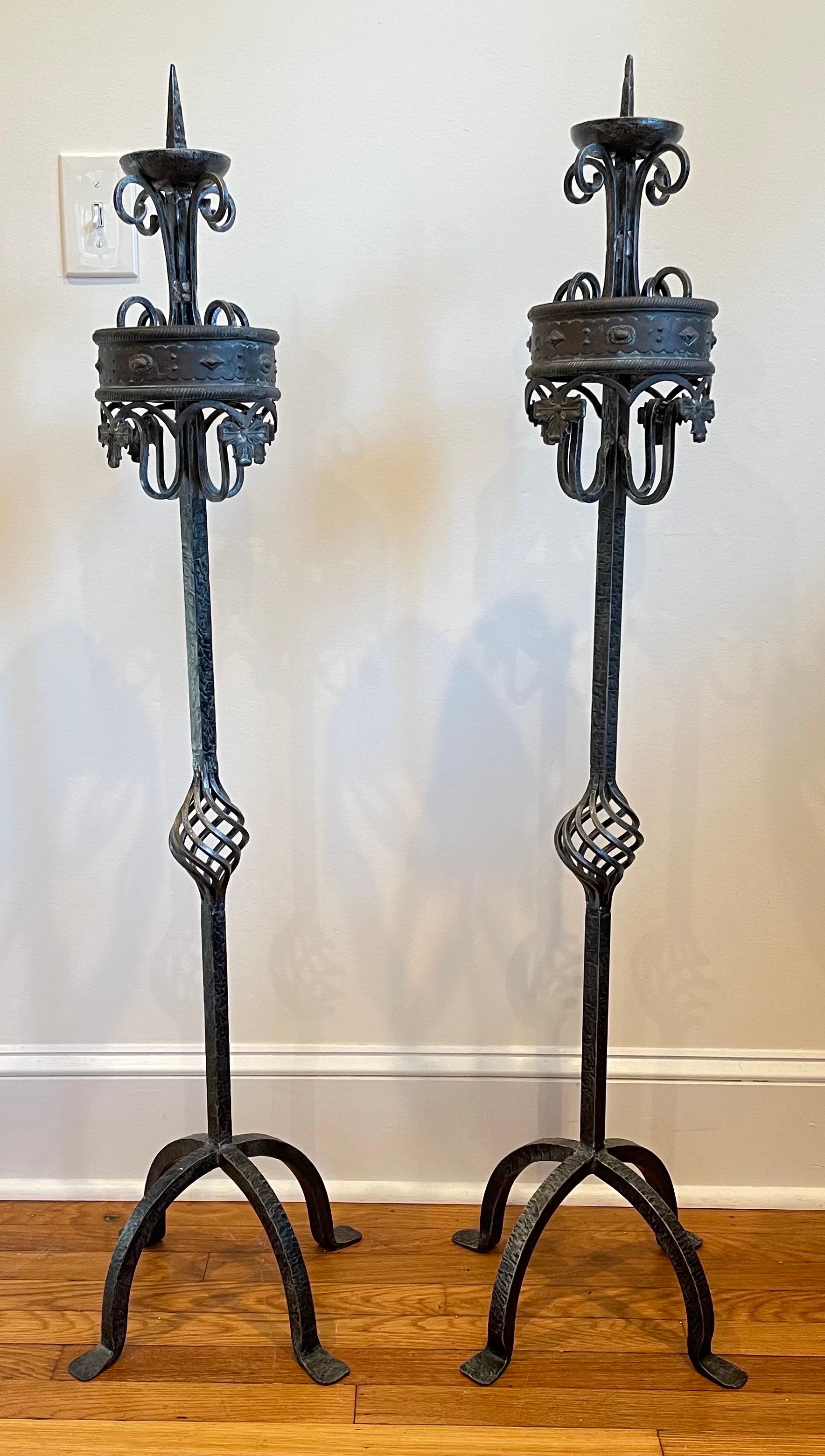 Baroque Vintage Forged Iron and Bronze Torchiere Candle For Sale