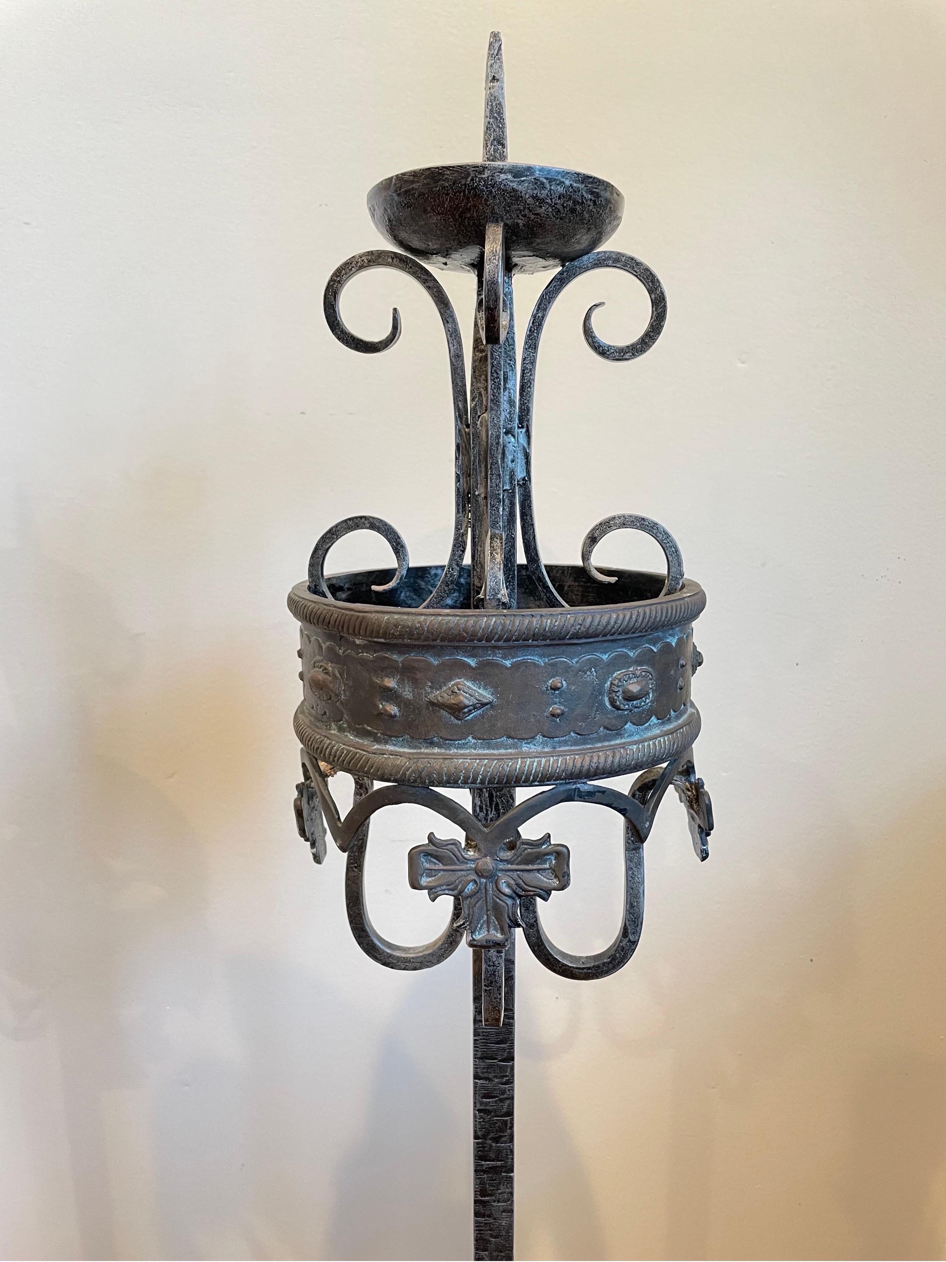 Vintage Forged Iron and Bronze Torchiere Candle For Sale 2