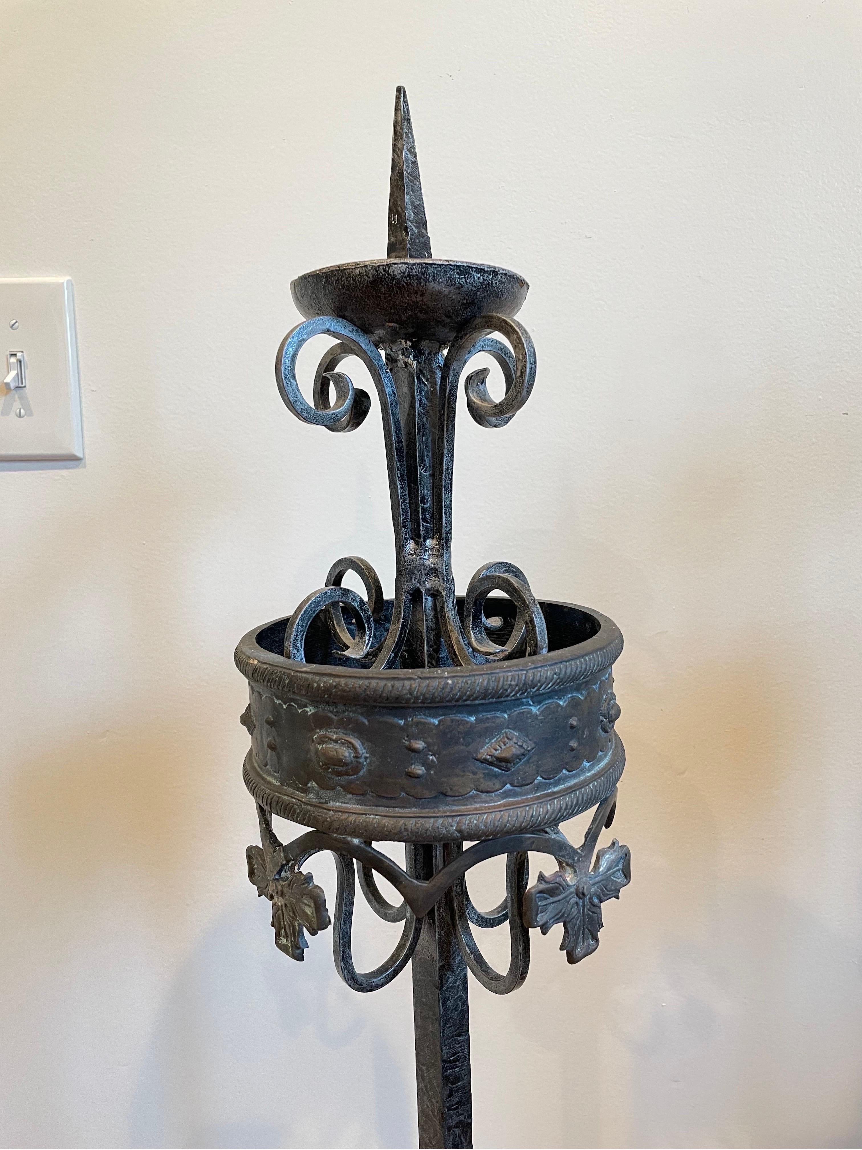 Vintage Forged Iron and Bronze Torchiere Candle For Sale 3