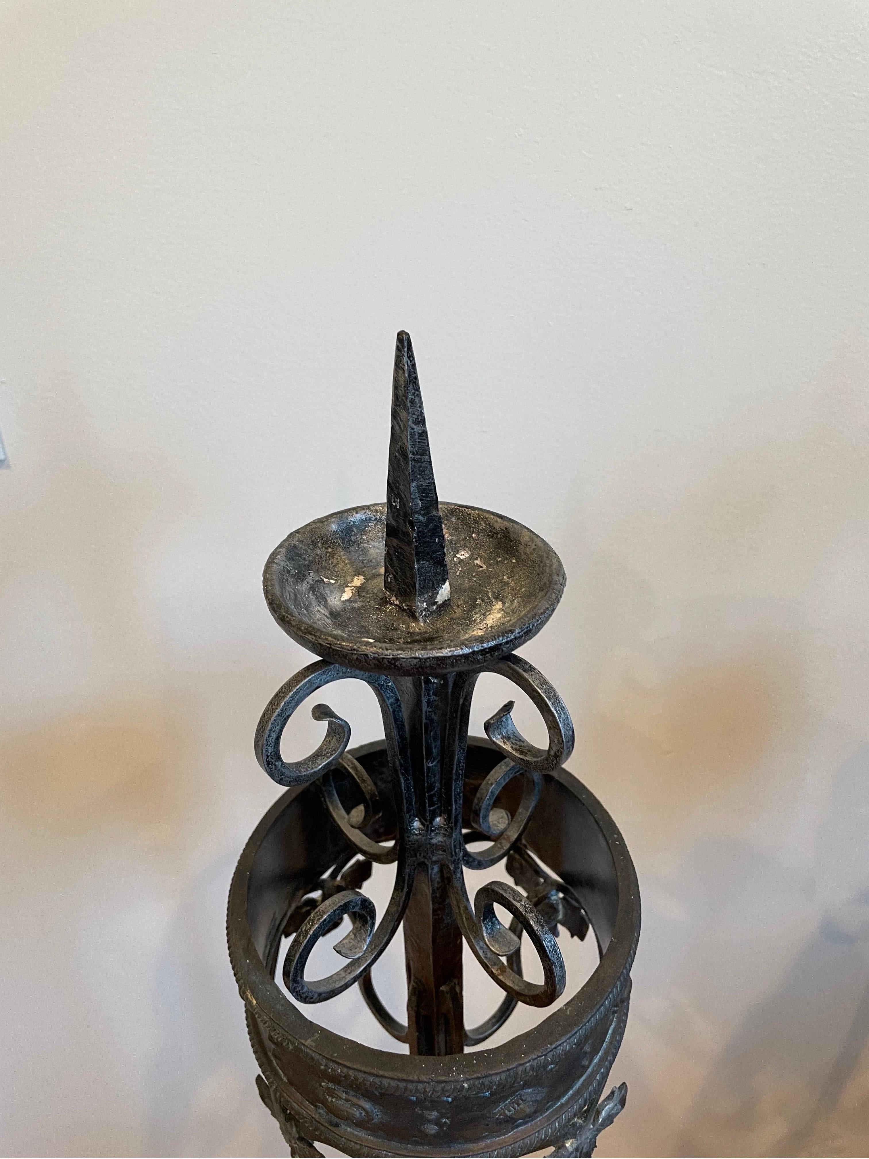 Vintage Forged Iron and Bronze Torchiere Candle For Sale 4
