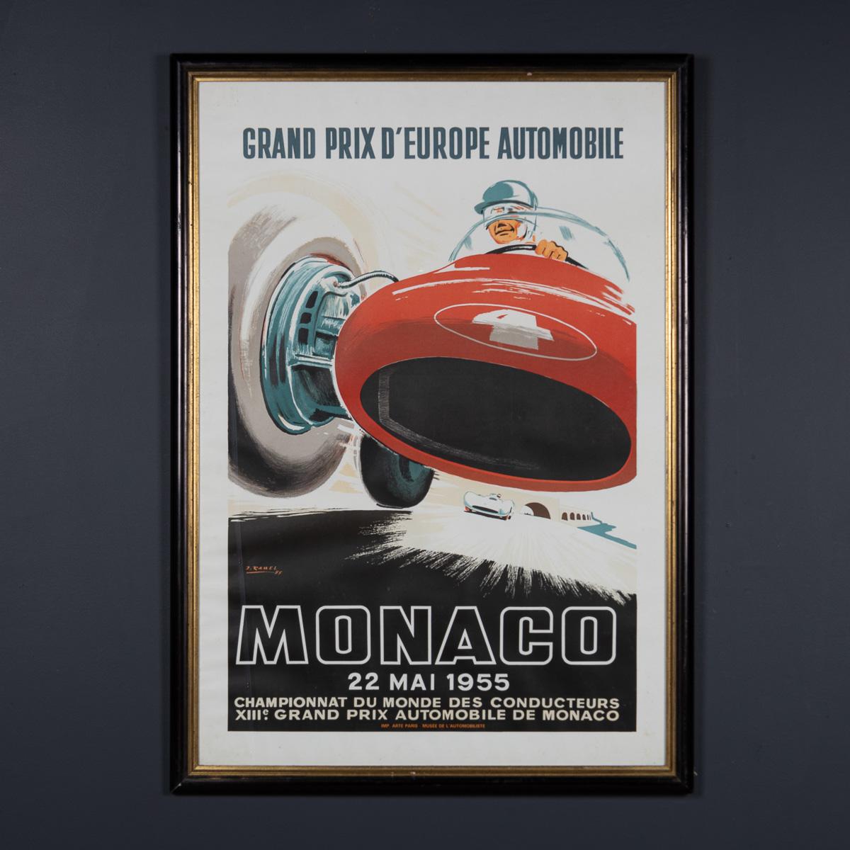 Ein wunderschönes gerahmtes Plakat von Jean Ramel aus dem 20. Jahrhundert, das den siegreichen Ferrari 625 zeigt, der von Maurice Trintignant durch die Straßen von Monaco gefahren wird. Dieses Plakat wurde vom Automobilclub von Monaco in einer