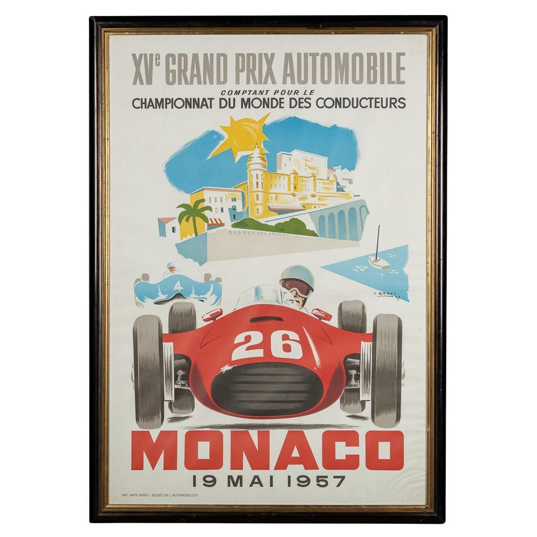 Póster vintage del siglo XX enmarcado del Gran Premio de Mónaco de 1957 por Jean Ramel c.1985
