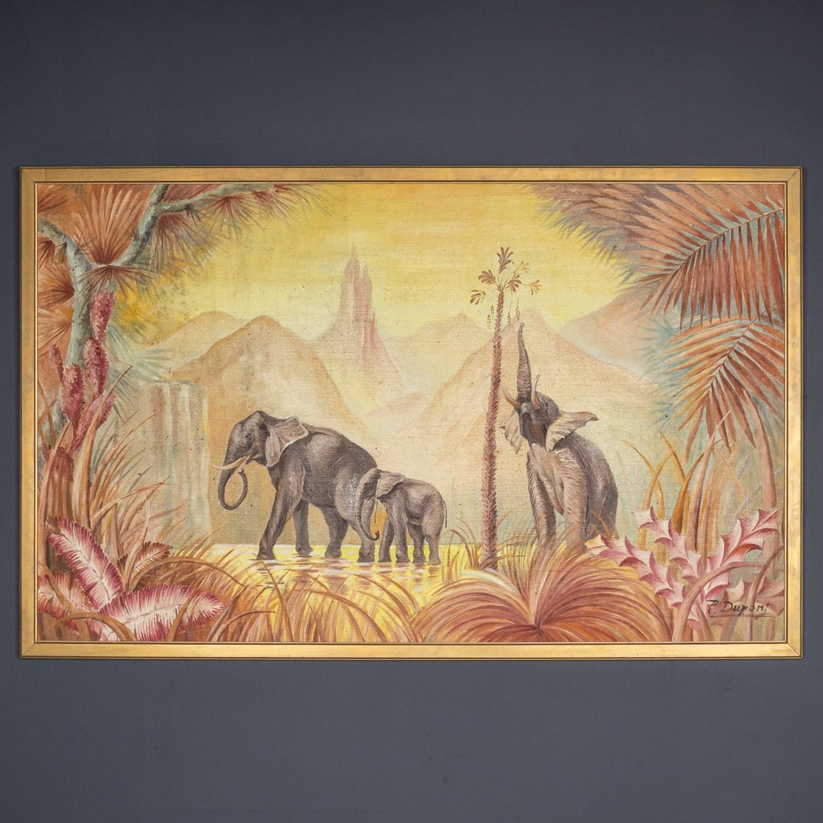 A stunning piece of mid 20th Century oil painting, showing a family of elephants strolling through the jungle. The parents lead their young amidst the greenery. It's a nice piece for any home, fitting well with modern, classic, or retro styles. The