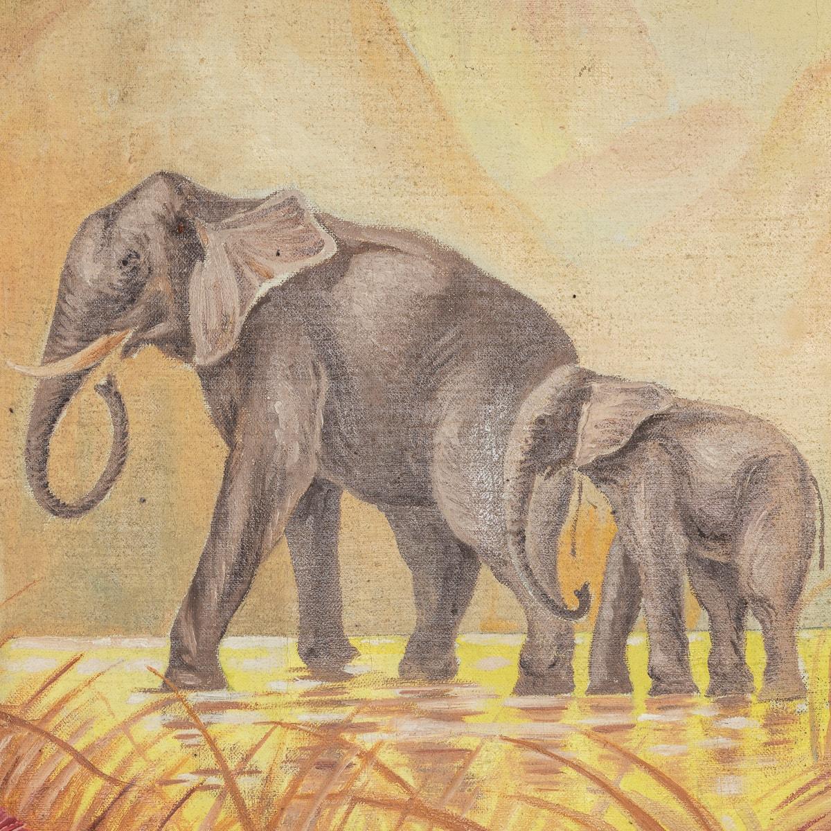 Vintage 20th Century Framed Oil On Canvas Elephant Family Painting c.1960 For Sale 1