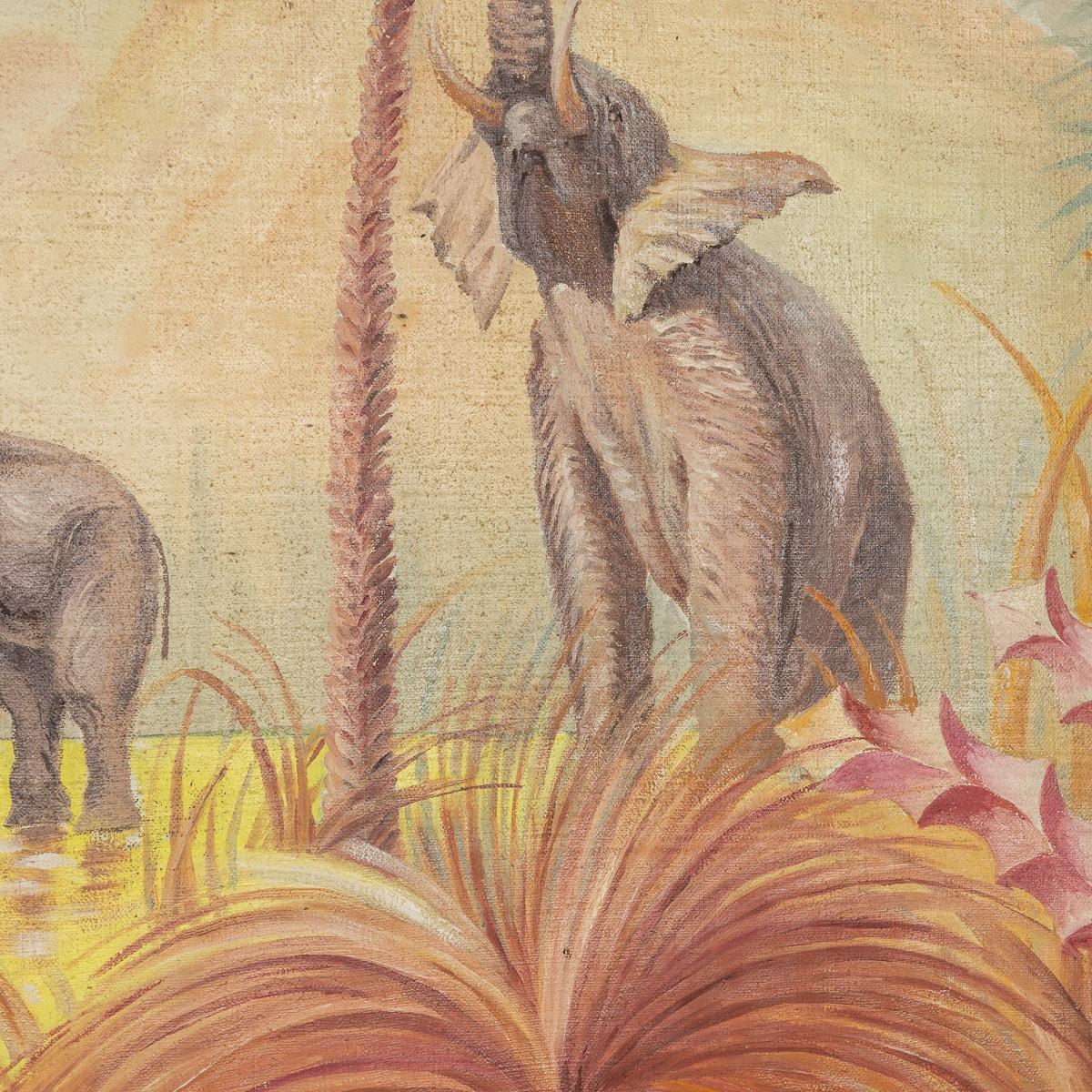 Vintage 20. Jahrhundert gerahmt Öl auf Leinwand Elefanten Familie Gemälde c.1960 im Angebot 2