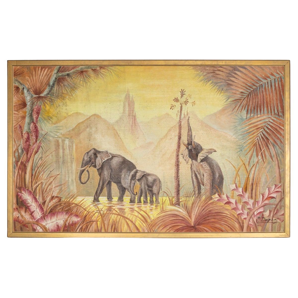 Vintage 20th Century Framed Oil On Canvas Elephant Family Painting c.1960 For Sale