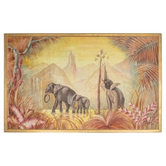 Huile sur toile vintage du 20ème siècle encadrée, Peinture de famille éléphant, vers 1960