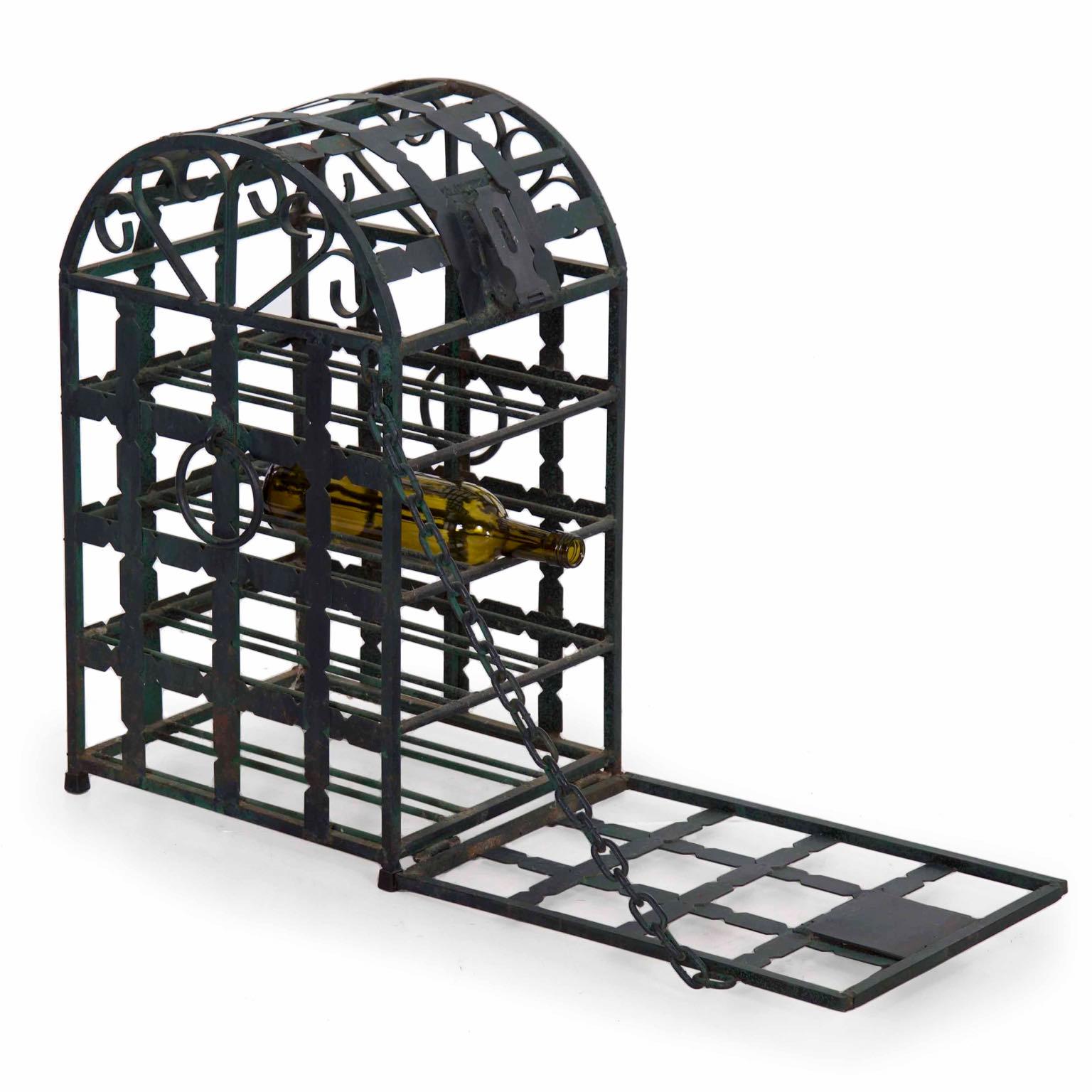 French Provincial Vintage 20th Century French Green Metal Wine Cage Rack