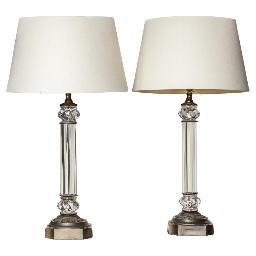 Vintage 20th Century French Pair of Column Crystal & Bronze Table Lamps c.1979
