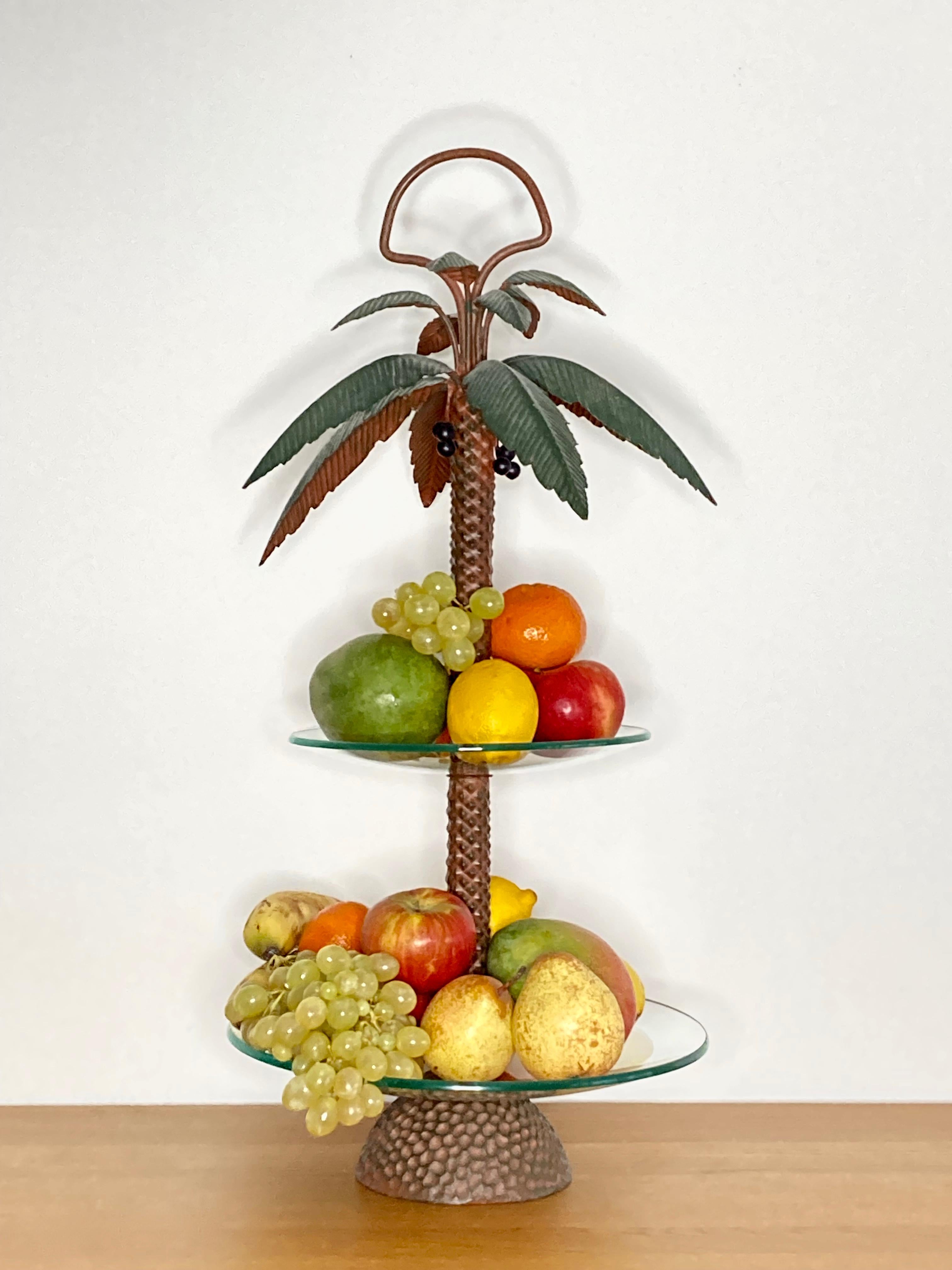 A Mid-20th Century vintage two tiers serving plate/cake stand made of metal and glass, sourced in France. Its unique palm tree design and its impressive Size (65cm/ 25 1/2