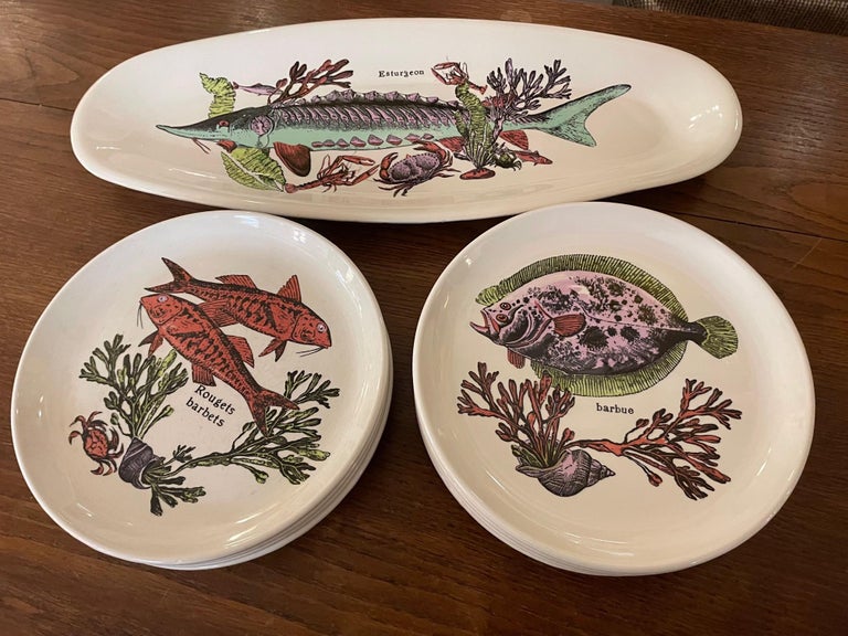 Vintage 20th century French Sarreguemines Fish Service, 12 plates and a ...