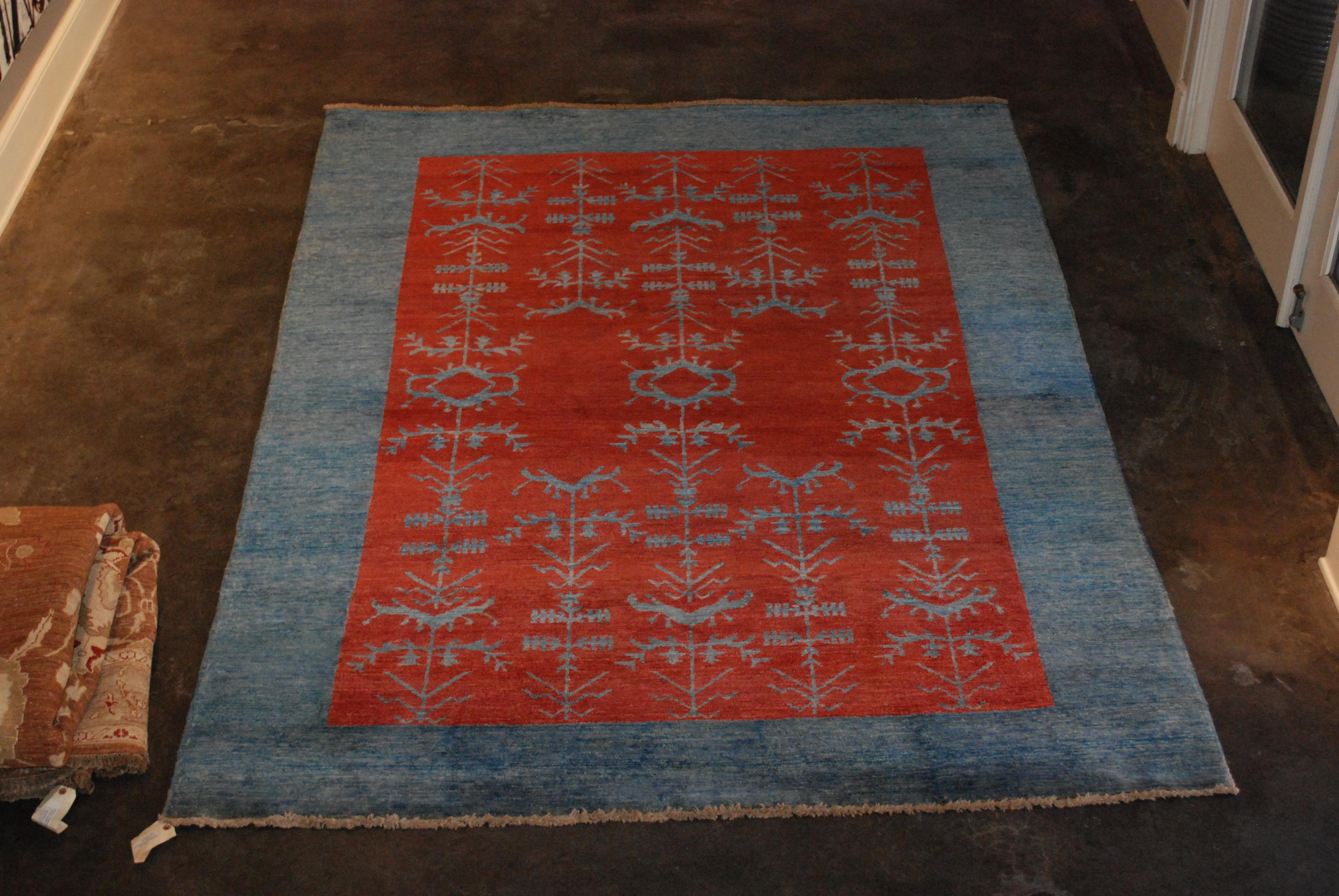 Asian Vintage 20th Century Gaba Blue and Red Rug