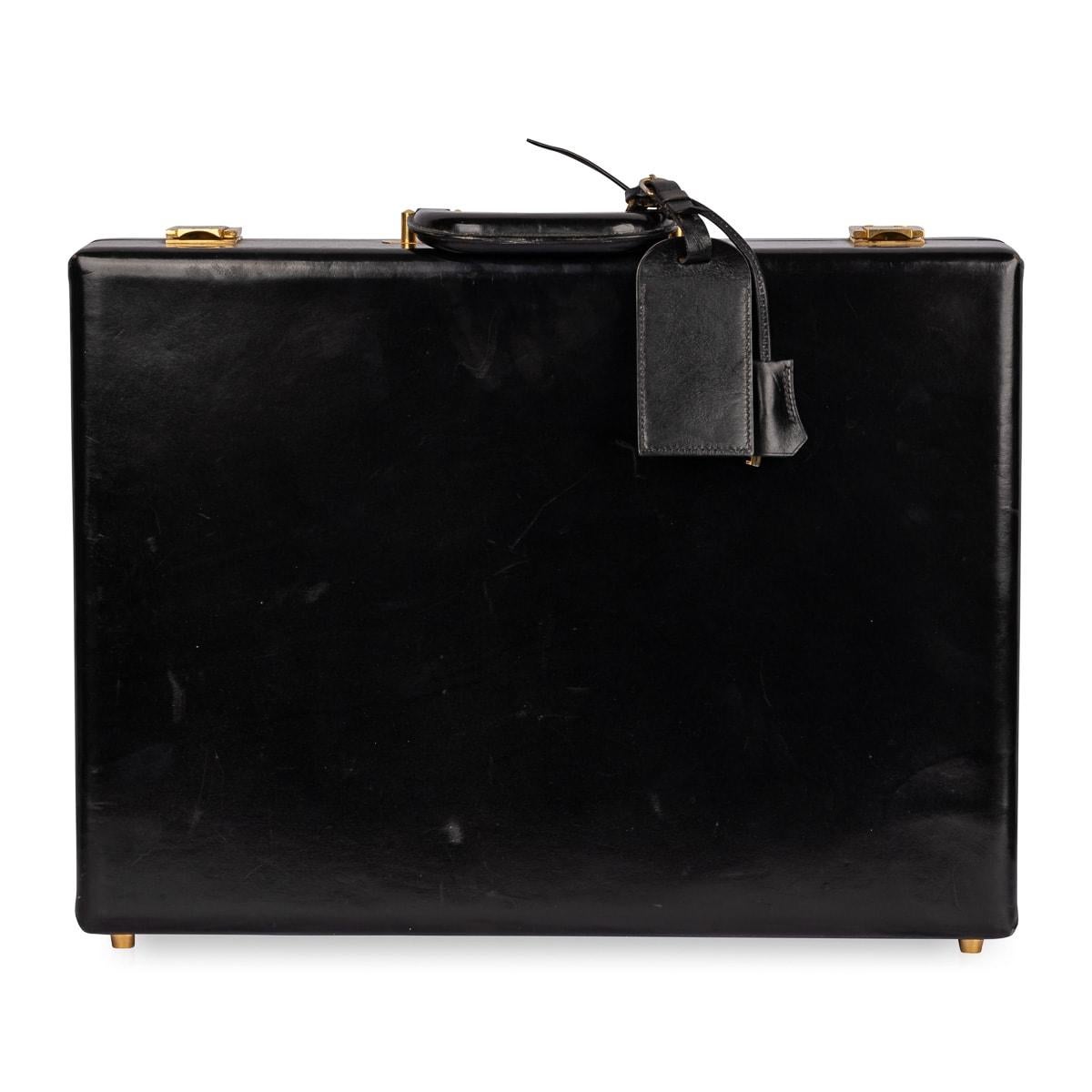 Gold Plate Vintage 20th Century Hermès Hard Sided Black Leather Briefcase c.1990 For Sale