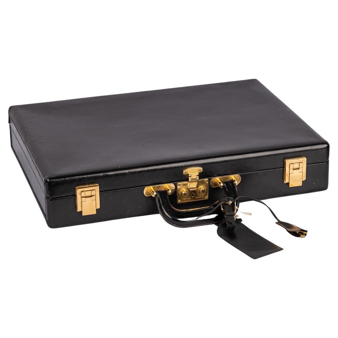 Vintage 20th Century Hermès Hard Sided Black Leather Briefcase c.1990 For Sale