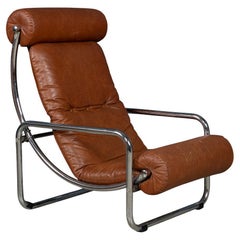 Vintage 20th Century Italian Brown Leather Recliner Armchair c.1980