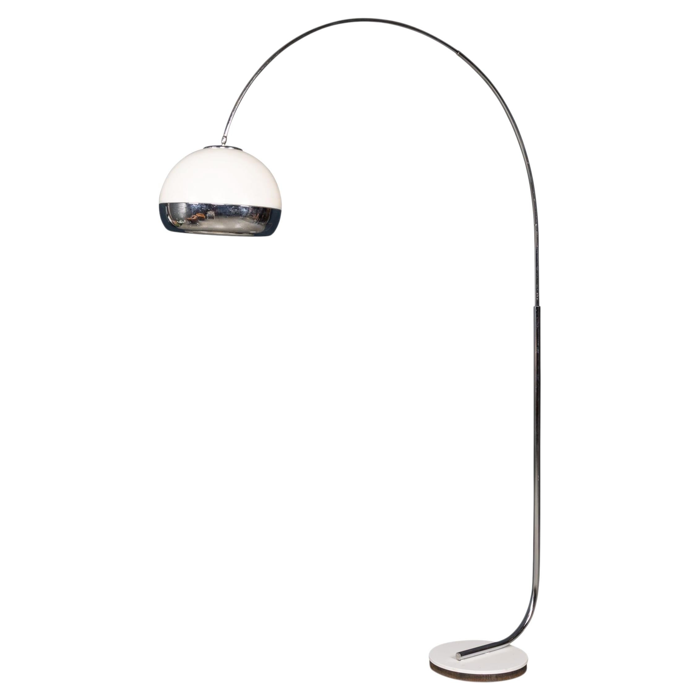 Vintage 20th Century Italian Chrome Arc Floor Lamp With Opaline Shade c.1970 For Sale