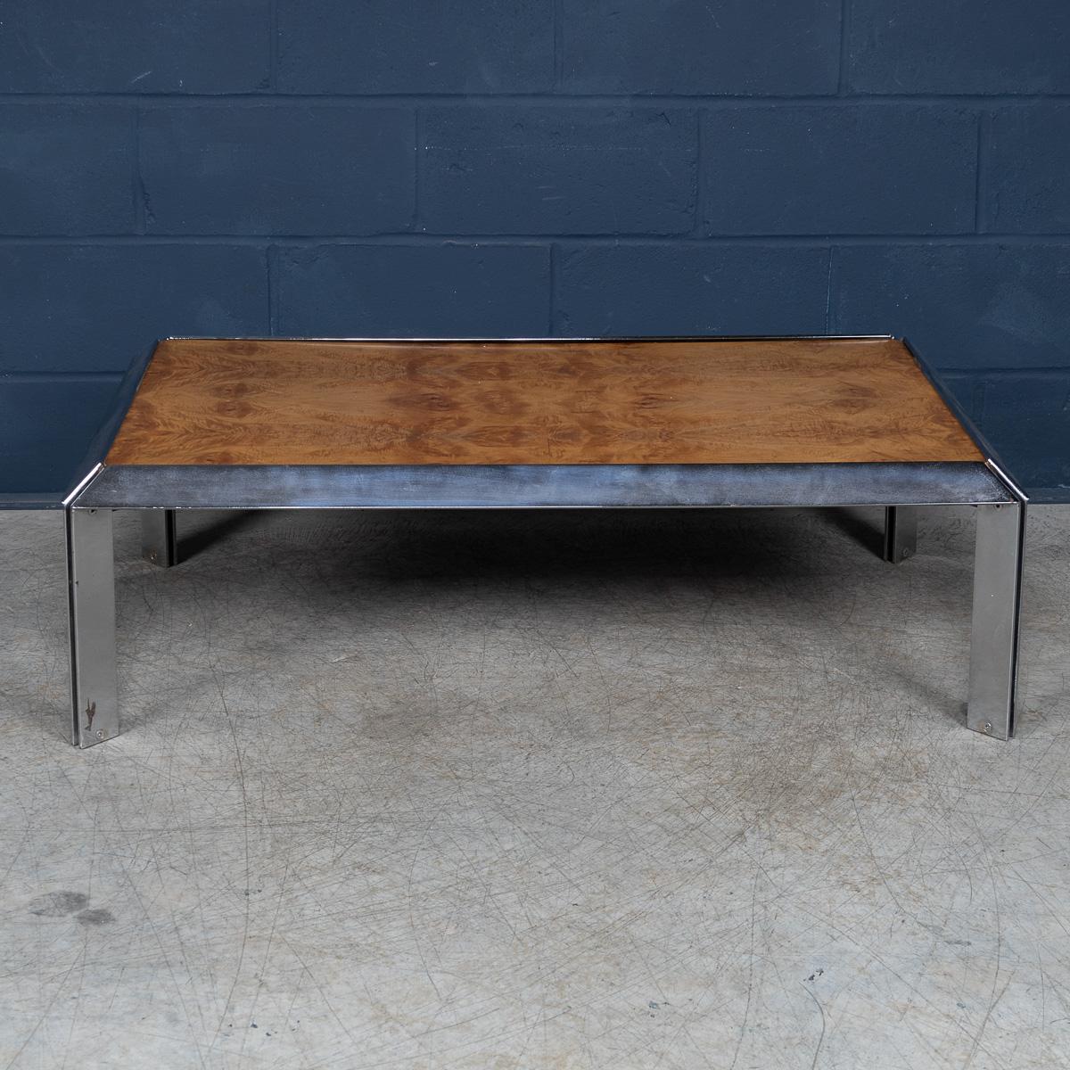 Vintage 20th Century Italian Chrome & Burr Walnut Coffee Table c.1980 In Good Condition For Sale In Royal Tunbridge Wells, Kent