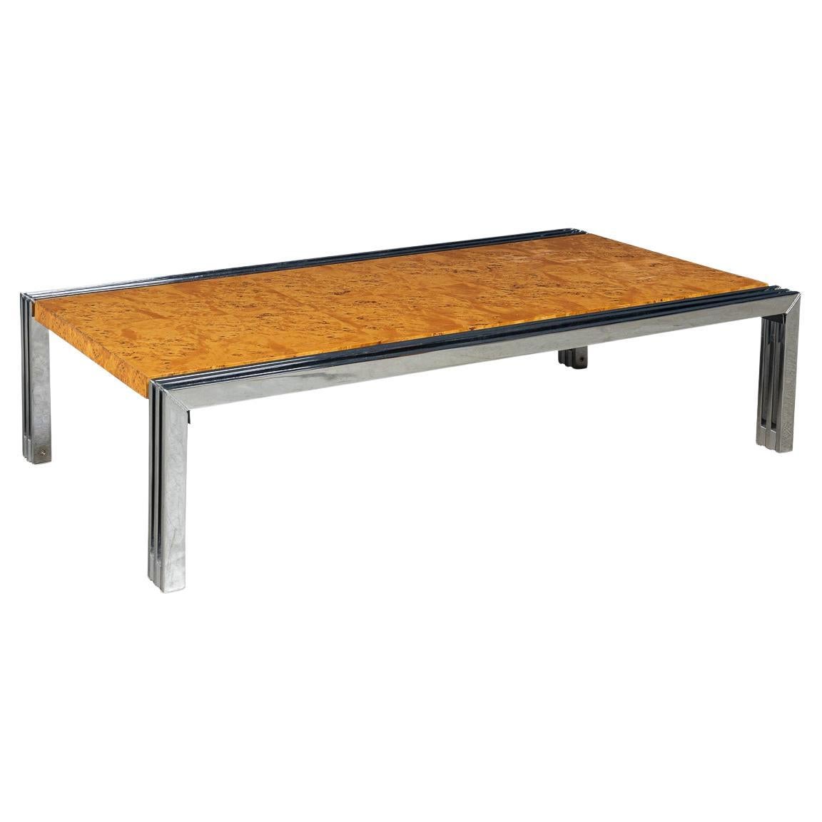 Italienischer Vintage-Couchtisch aus Chrom und Wurzelholz aus Nussbaumholz, 20. Jahrhundert, um 1980 im Angebot