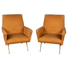 Vintage 20th Century Italian Pair Of Armchairs In Ochre Velvet c.1960