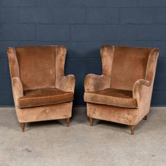 Vintage 20th Century Italian Pair Of Velvet Wingback Armchairs c.1960