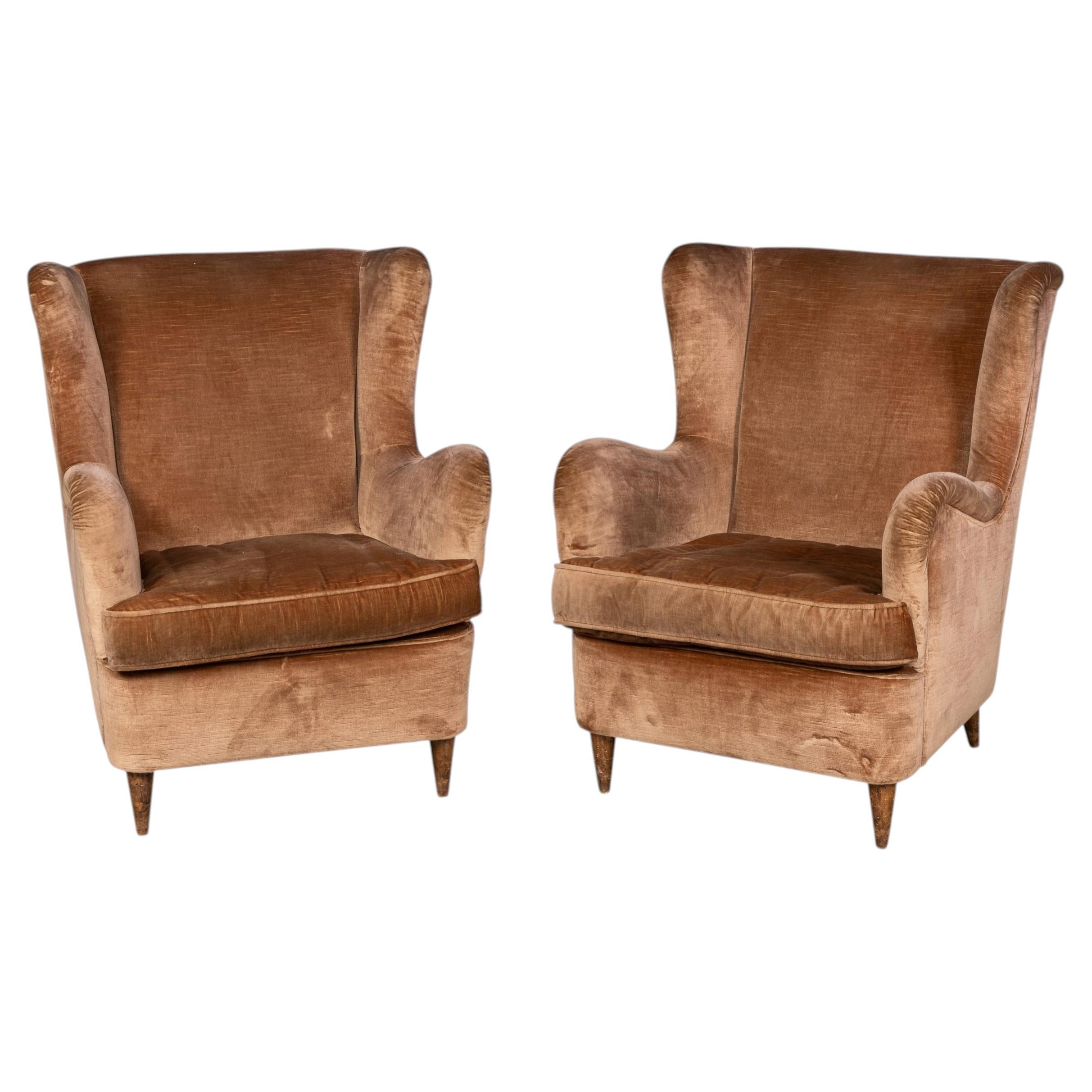 Vintage 20. Jahrhundert Italienisch Paar Samt Wingback Armchairs c.1960