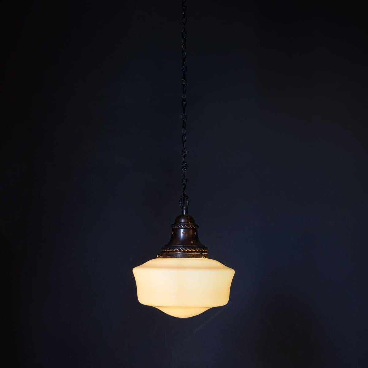 Other Vintage 20th Century English White Opaque Glass & Copper Pendant Light c.1930 For Sale