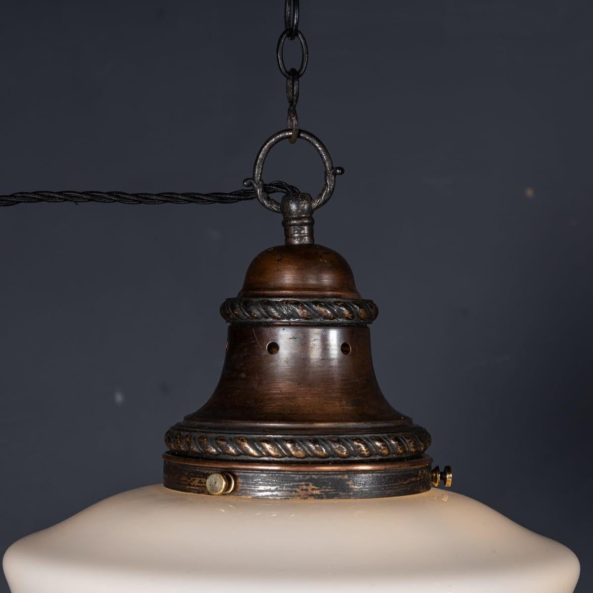 Vintage 20th Century English White Opaque Glass & Copper Pendant Light c.1930 In Good Condition For Sale In Royal Tunbridge Wells, Kent
